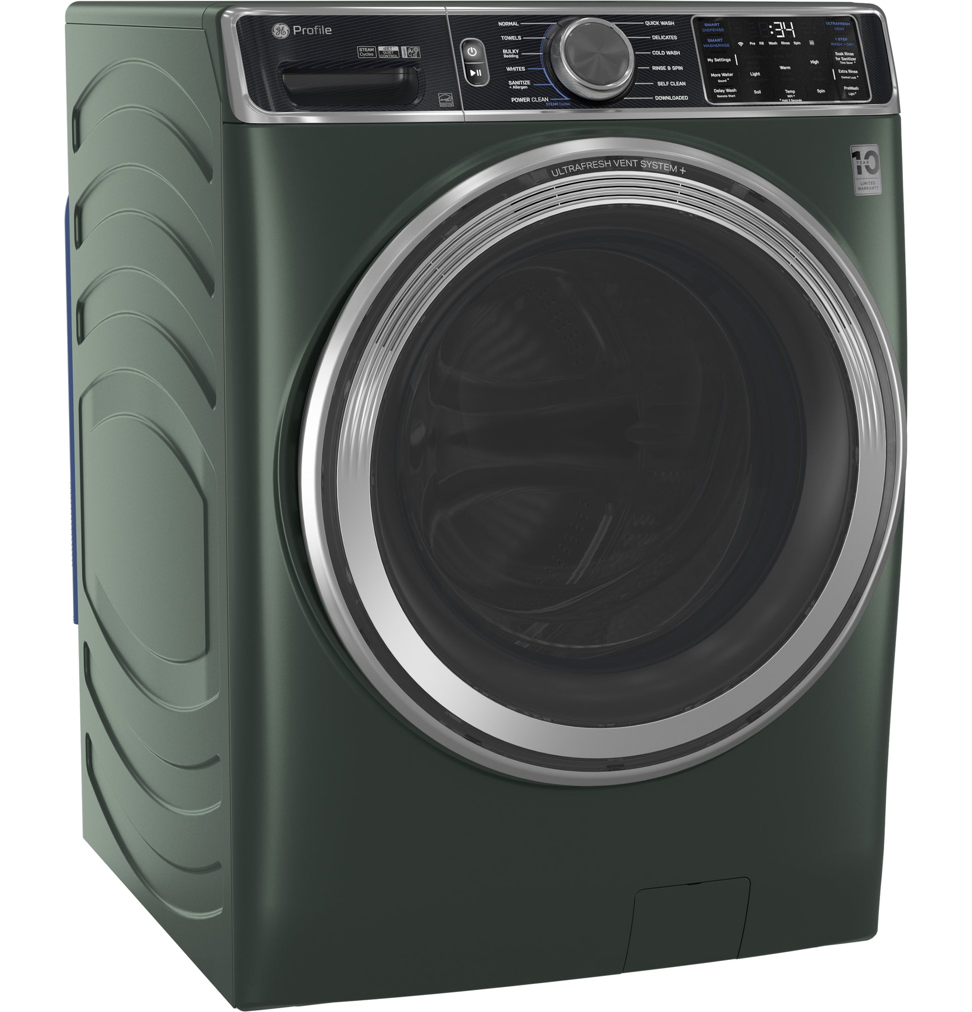 Dark green smart front load washer with large circular door, digital controls, and UltraFresh Vent System for washers collection.