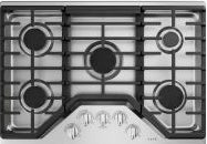 Stainless steel 30-inch gas cooktop with five burners and front control knobs from kitchen appliances and cooktops collection