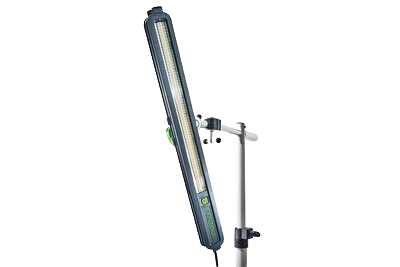 LED work light attached to adjustable stand for improved visibility in power tools and home improvement tasks