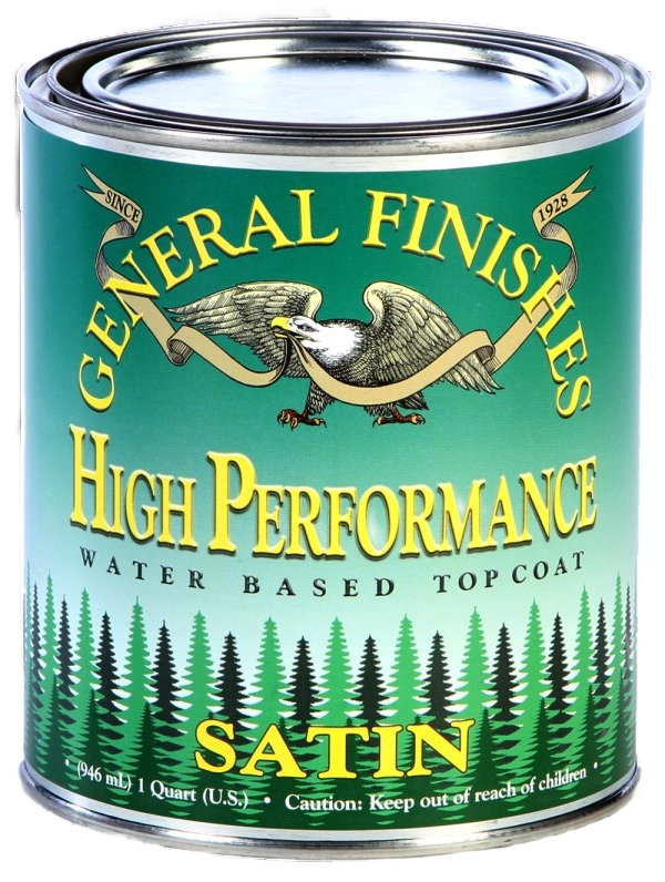 Quart can of General Finishes satin water based topcoat for wood finishing in stains and sealers collection