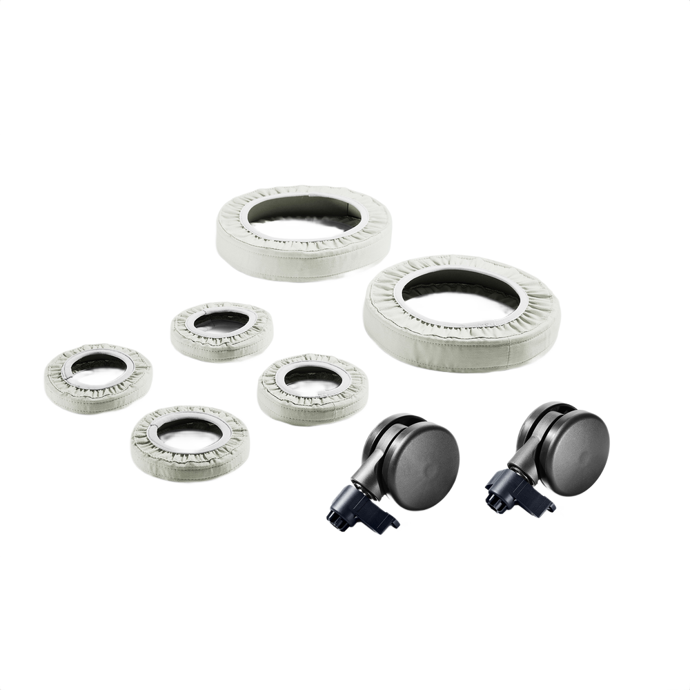 Set of abrasion-resistant textile wheel covers designed for protecting floors on dust extractors and woodworking tools