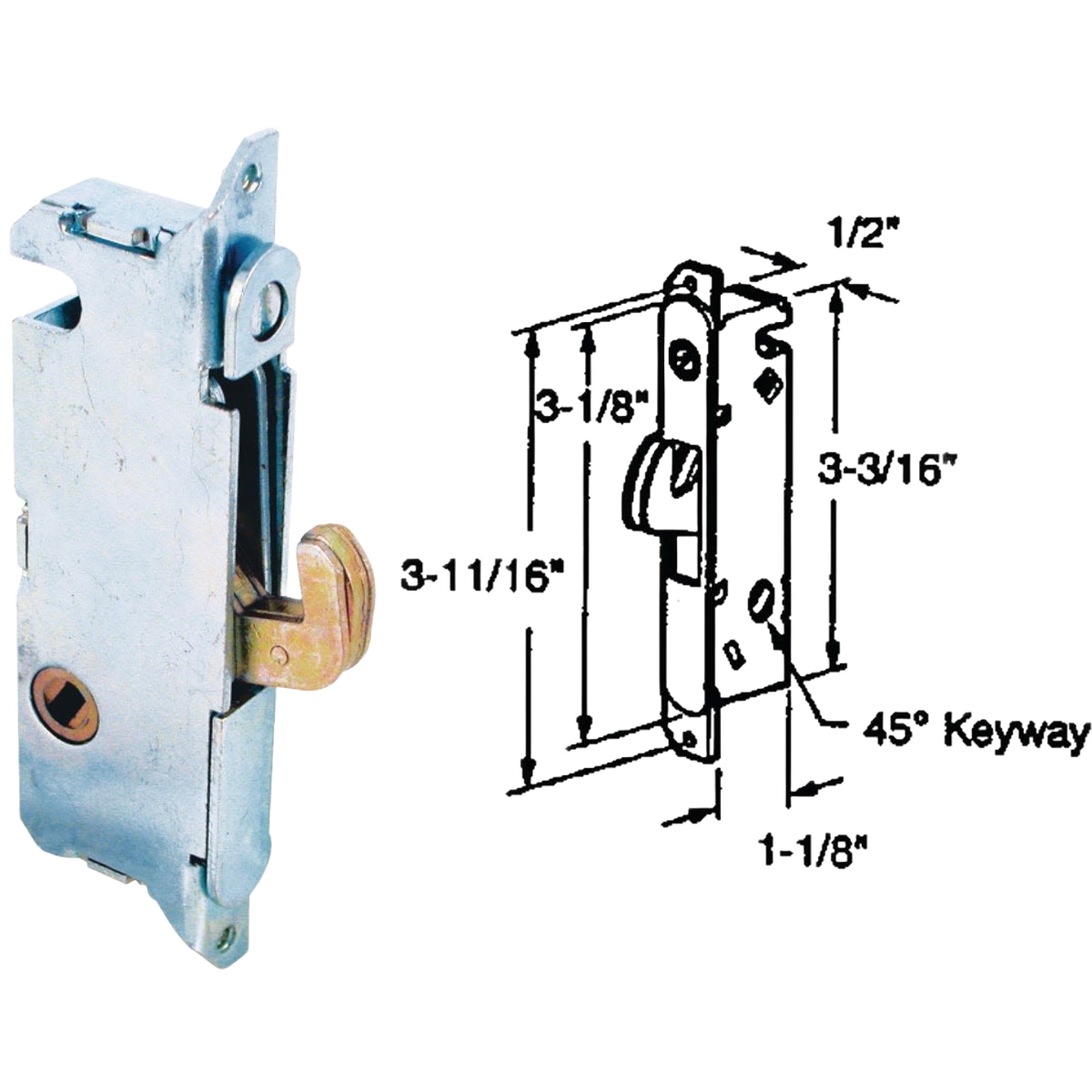 Steel mortise lock with 45-degree hub and detailed dimensions for patio door hardware and home improvement use