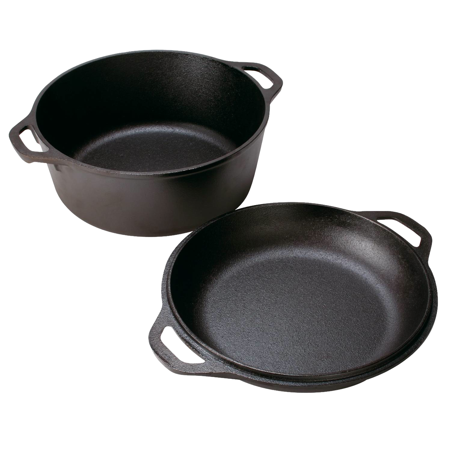 Black cast iron double Dutch oven with two stackable pieces and side handles for versatile kitchenware use under $100