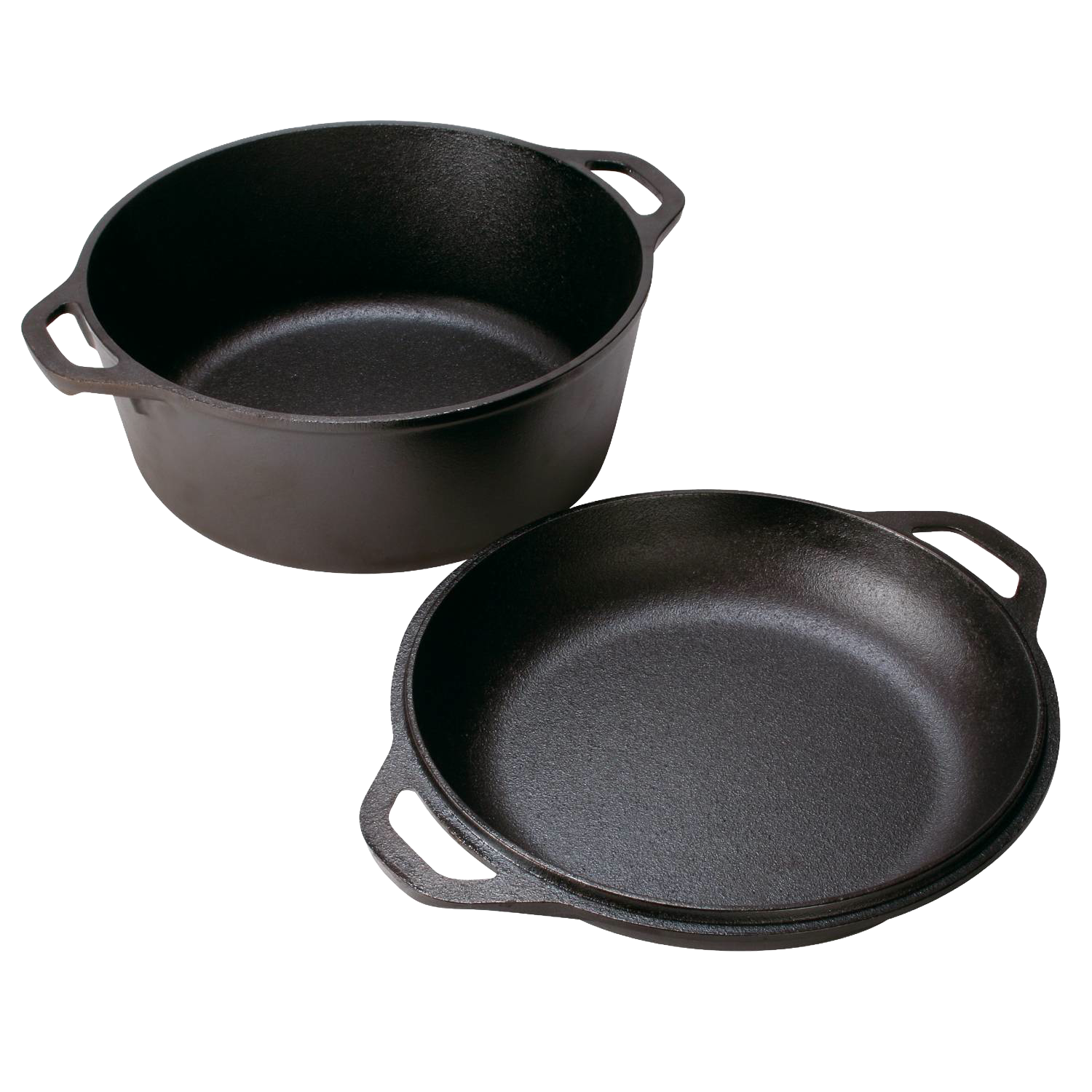 Black cast iron double Dutch oven with two stackable pieces and side handles for versatile kitchenware use under $100