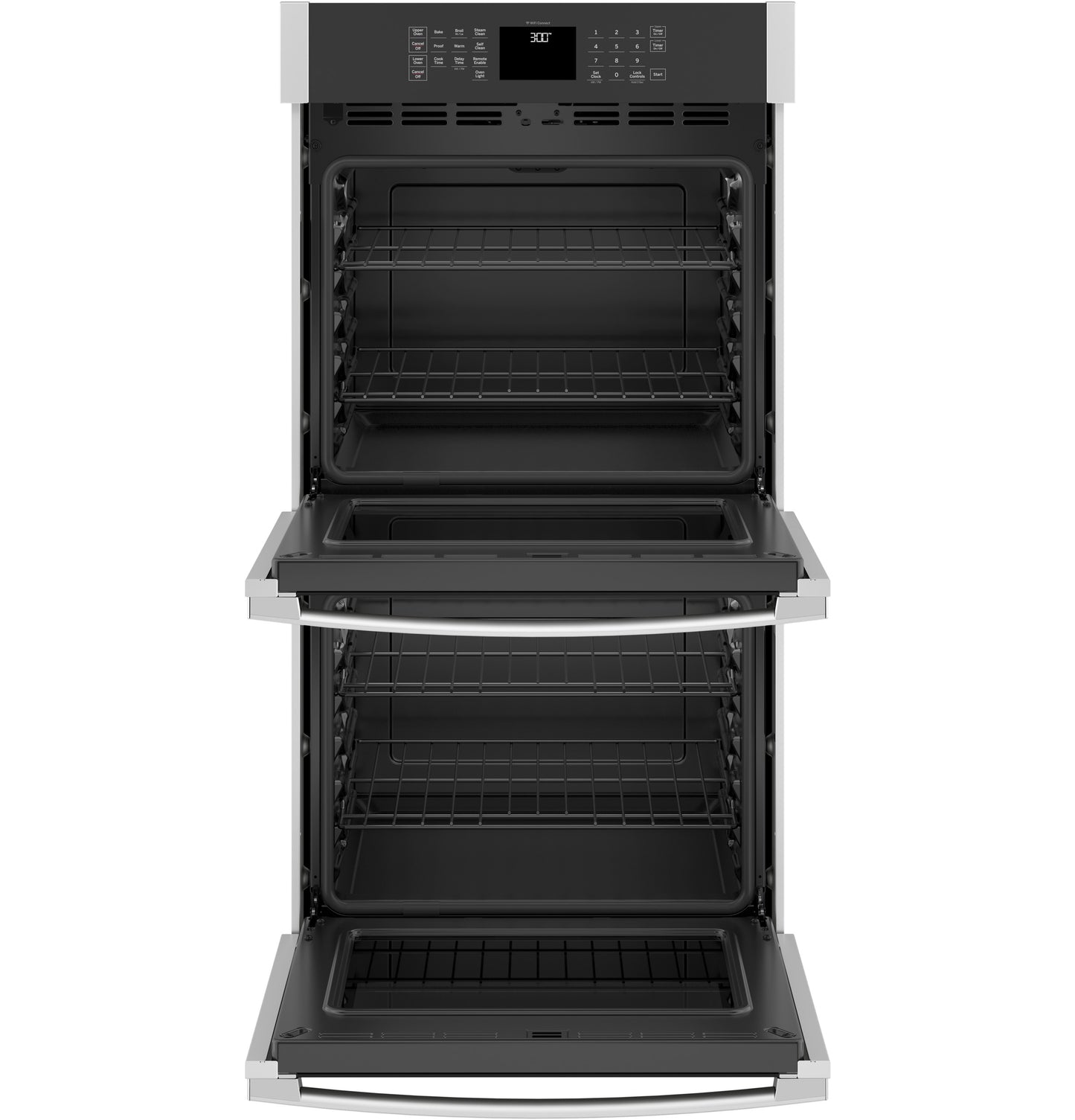 Open built-in double wall oven with digital display and multiple wire racks from kitchen appliances collection
