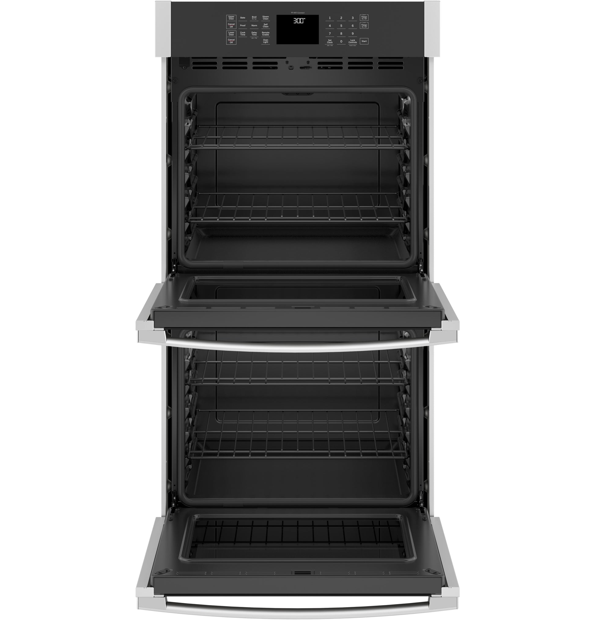 Open built-in double wall oven with digital display and multiple wire racks from kitchen appliances collection