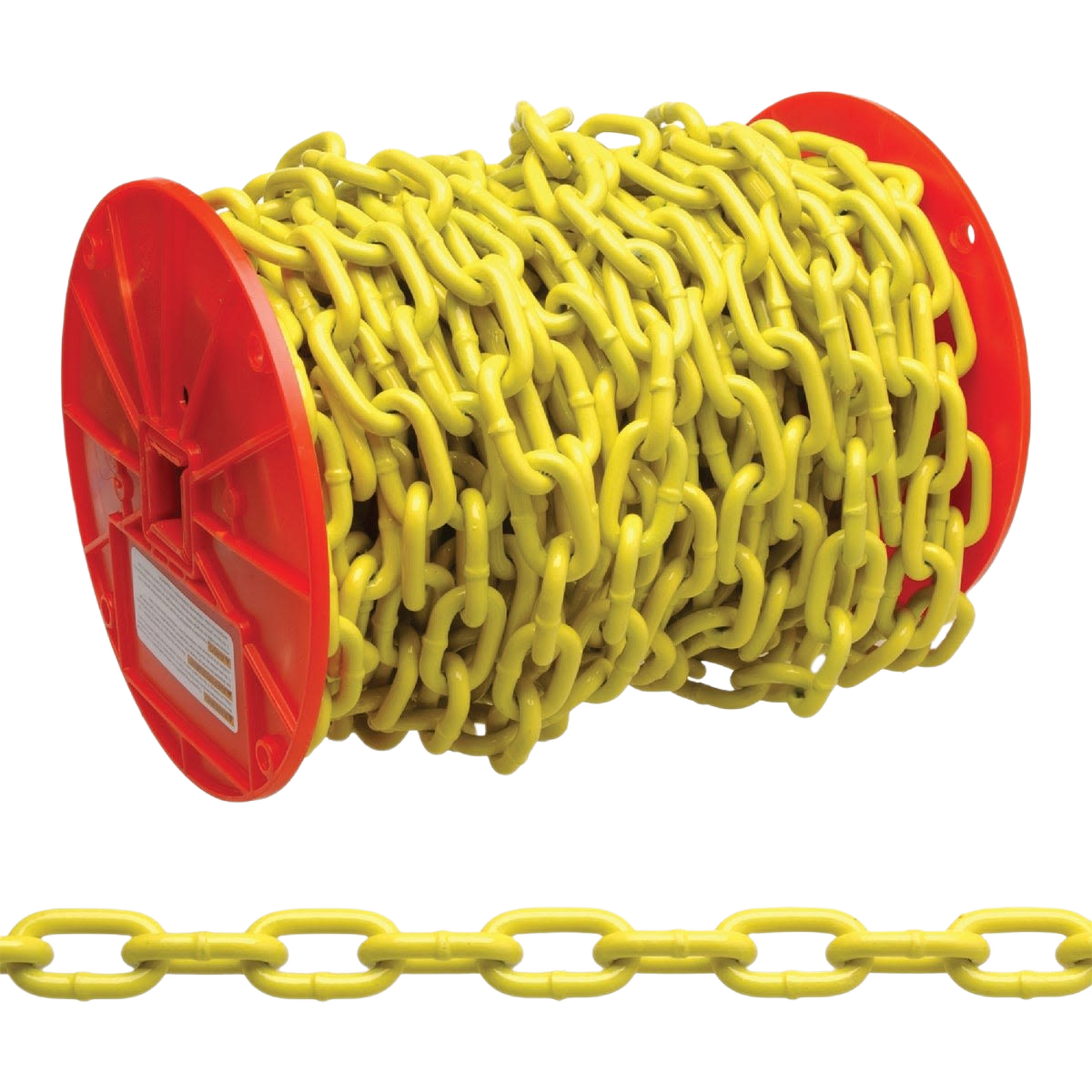 Heavy-duty yellow coated Grade 30 proof coil chain neatly wound on red plastic spool for tools and home improvement use