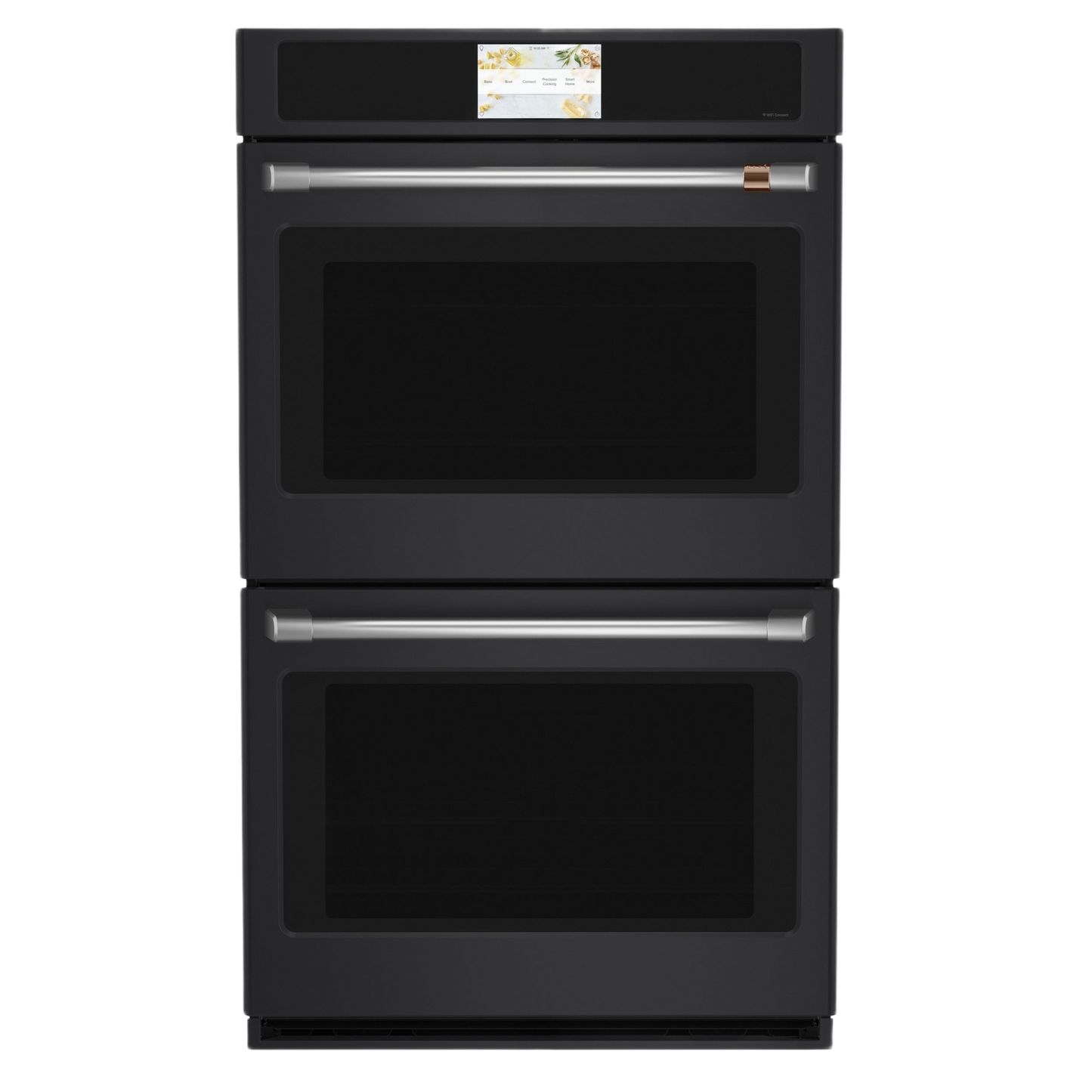 Black smart built-in convection double wall oven with stainless steel handles for kitchen appliances and wall ovens collections