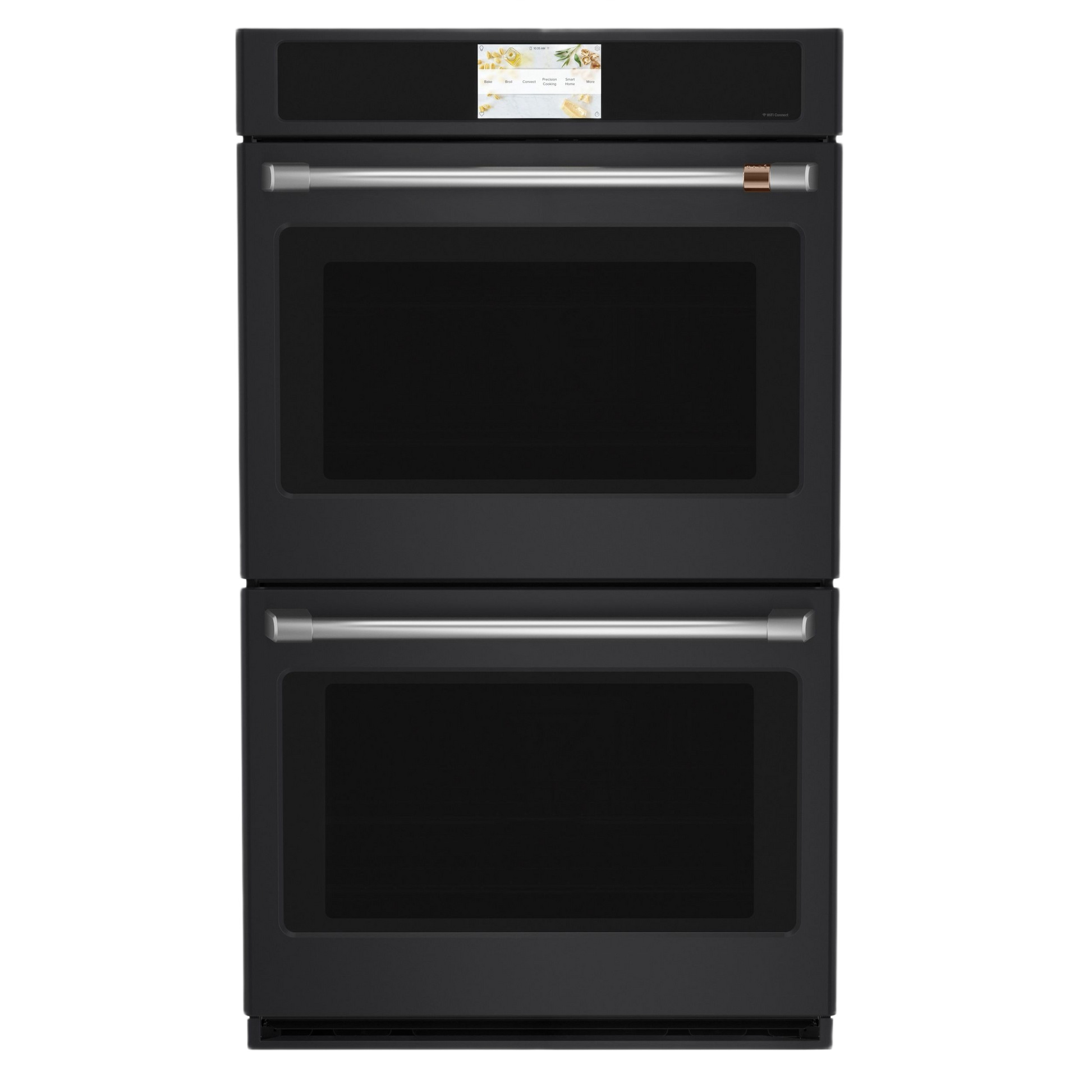 Black smart built-in convection double wall oven with stainless steel handles for kitchen appliances and wall ovens collections