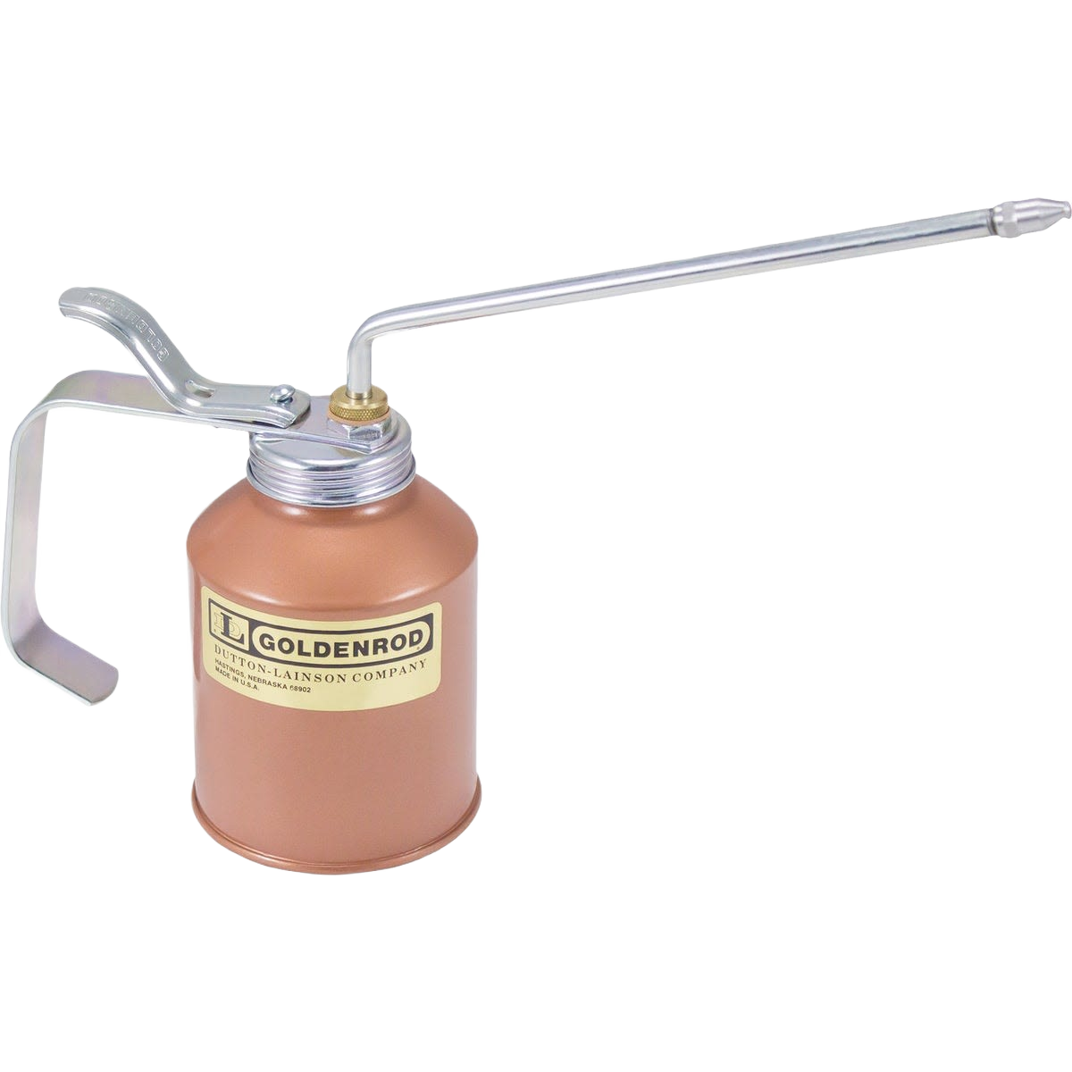 Copper-colored industrial pump oiler with long angled metal spout and ergonomic trigger handle for precision lubrication tasks