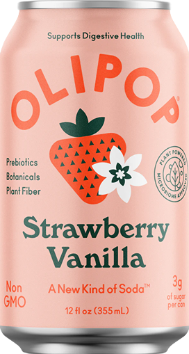 12 oz can of strawberry vanilla prebiotic soda with plant fiber and botanical ingredients for digestive support