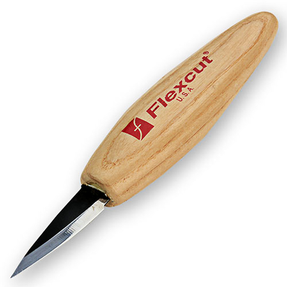 Detail carving knife with wooden handle featuring Flexcut logo for precision woodworking and home improvement tasks