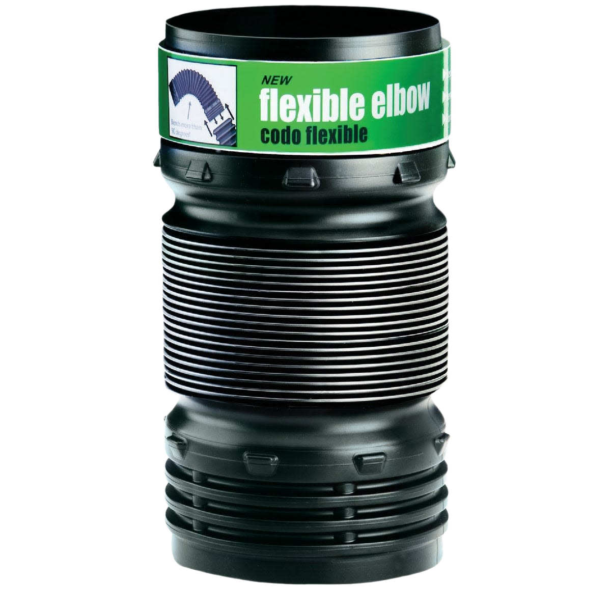Black flexible elbow connector designed for 4-inch pipes, suitable for plumbing, irrigation, and home improvement projects under $50 category