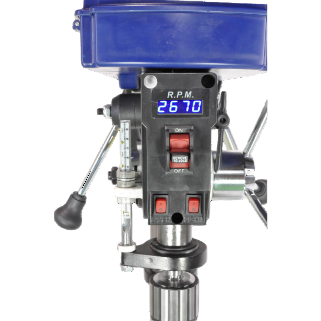 Close-up of variable speed control panel on benchtop drill press showing digital RPM display and adjustment levers for tools use