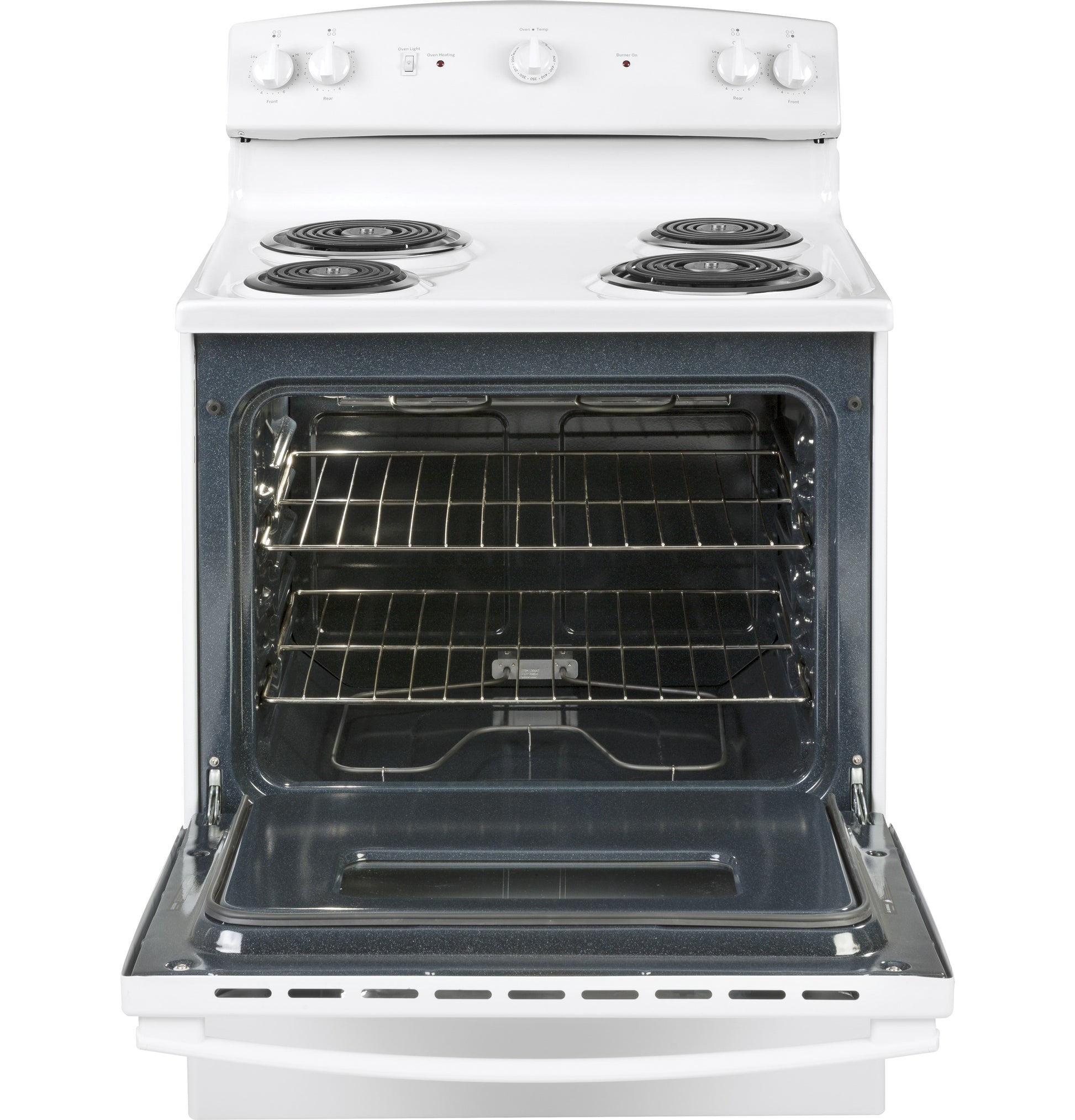White freestanding electric range with four coil burners and open oven featuring two adjustable racks in kitchen appliances collection