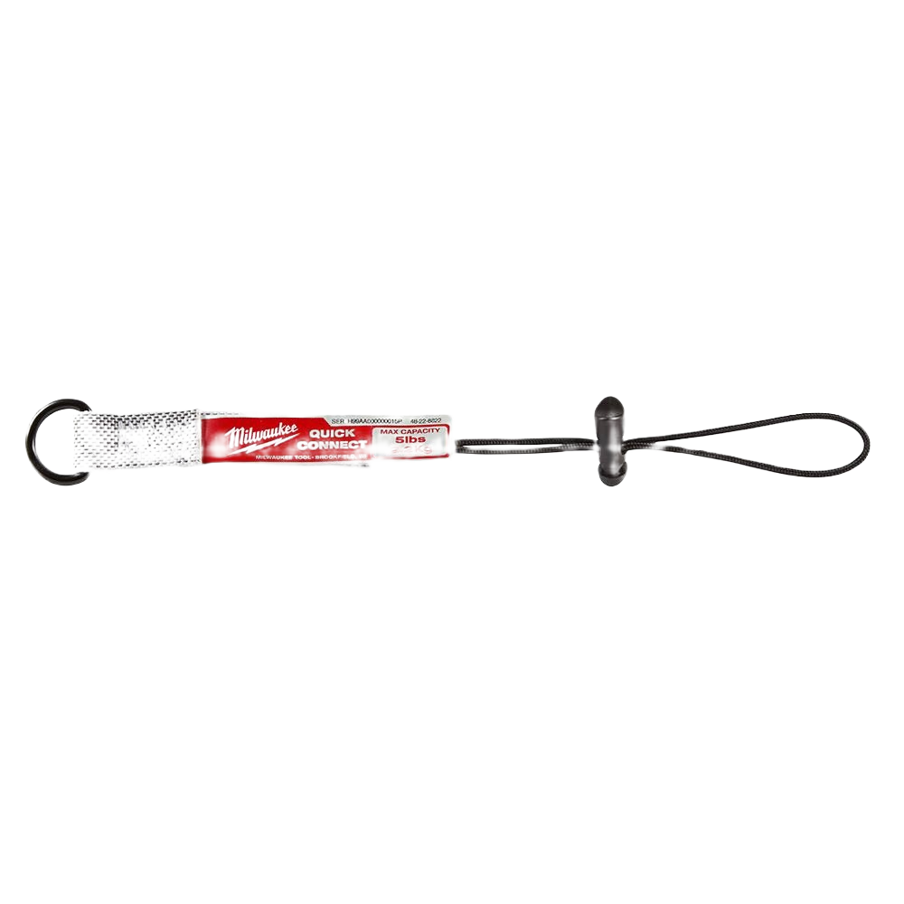 Milwaukee quick-connect tool lanyard with fabric strap, metal ring, and adjustable locking mechanism for securing tools