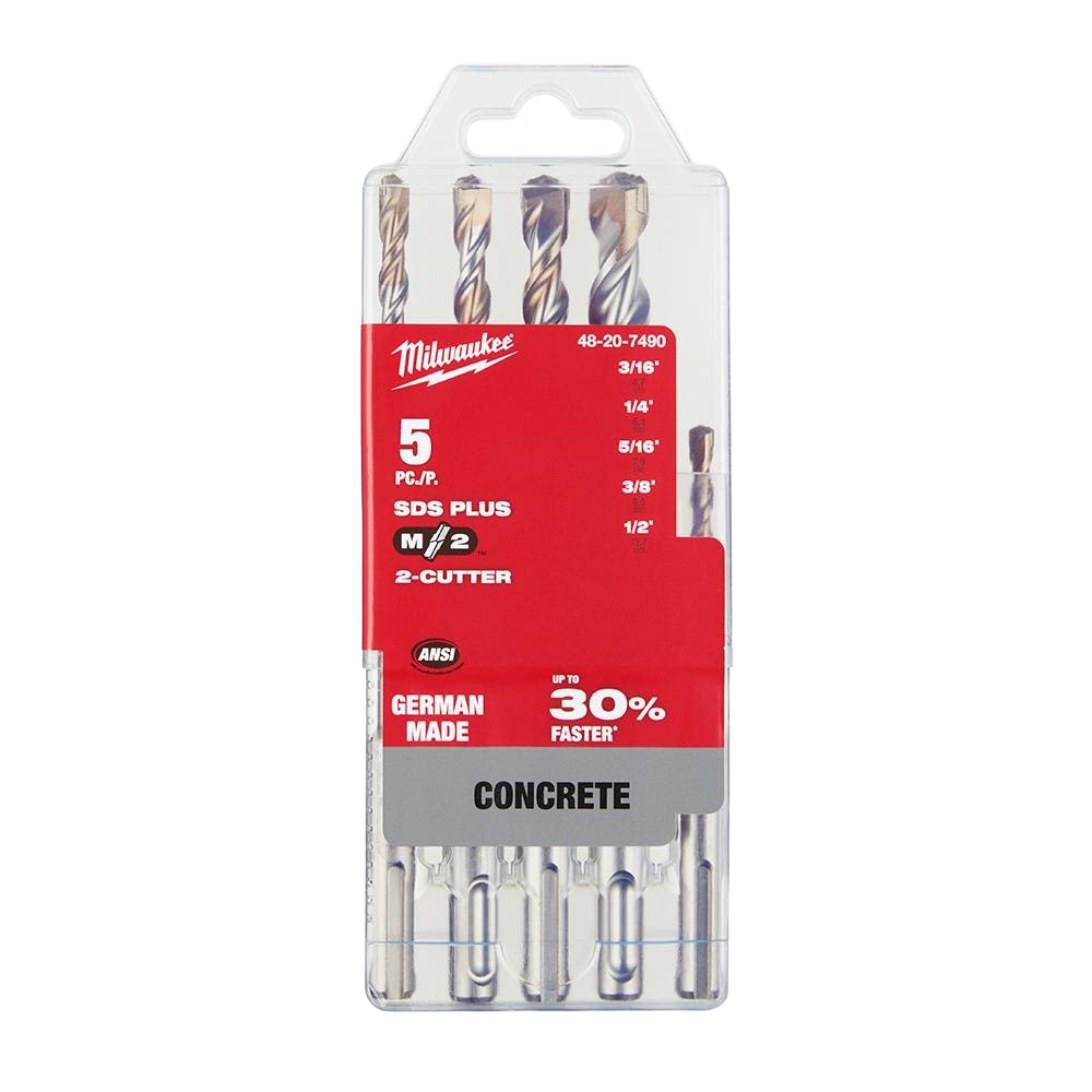 Set of five SDS-Plus rotary hammer drill bits for concrete in Milwaukee tool accessories and drill bits collections