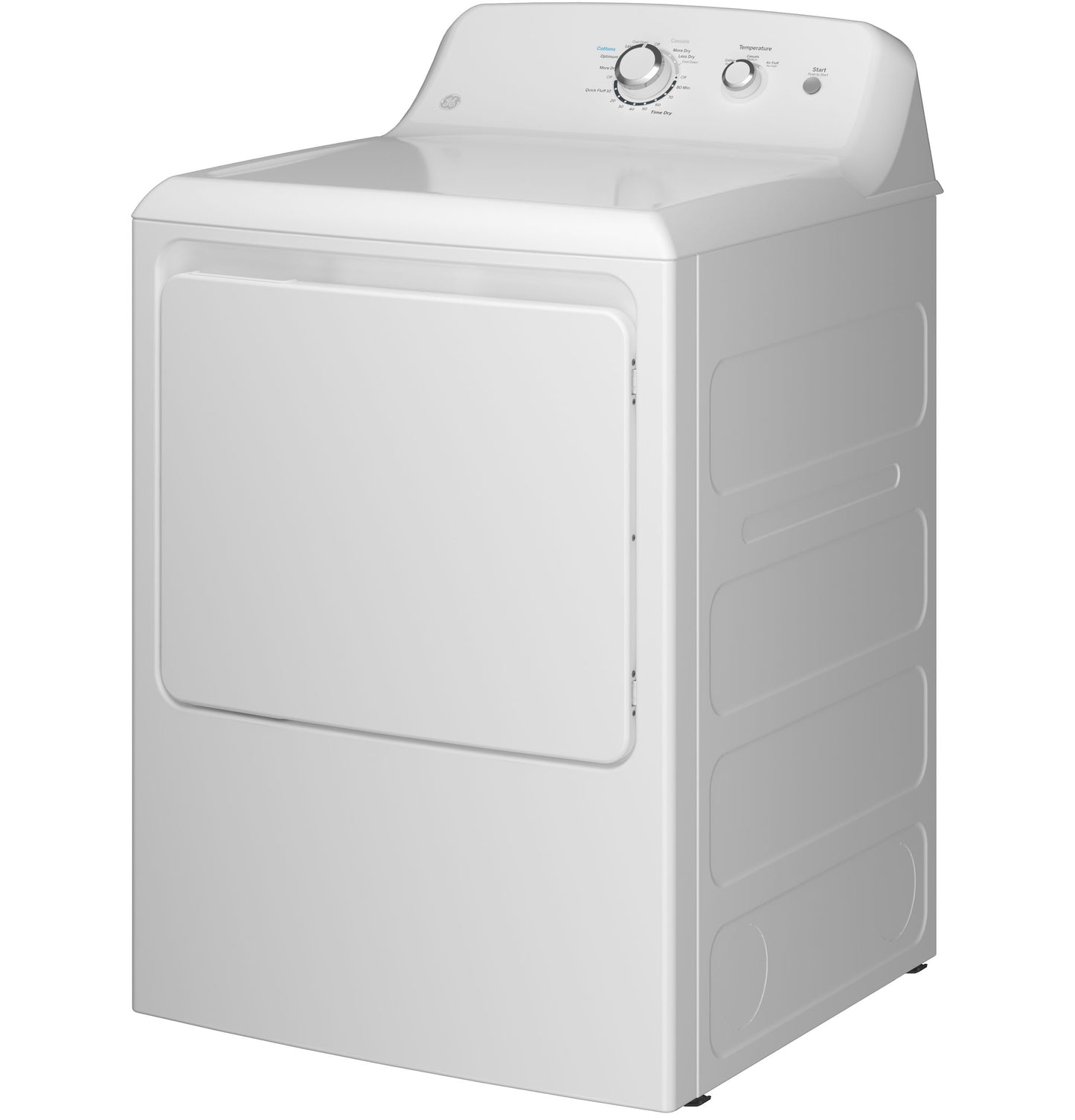 White gas dryer with 6.2 cu. ft. capacity, mechanical control knobs, and large front door in laundry appliances collection
