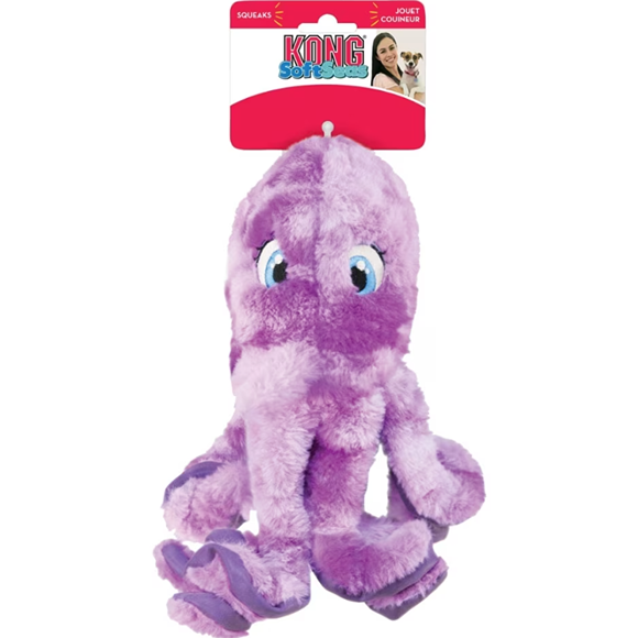 Purple plush octopus dog toy with crinkly legs and built-in squeaker in pet toys and supplies collection