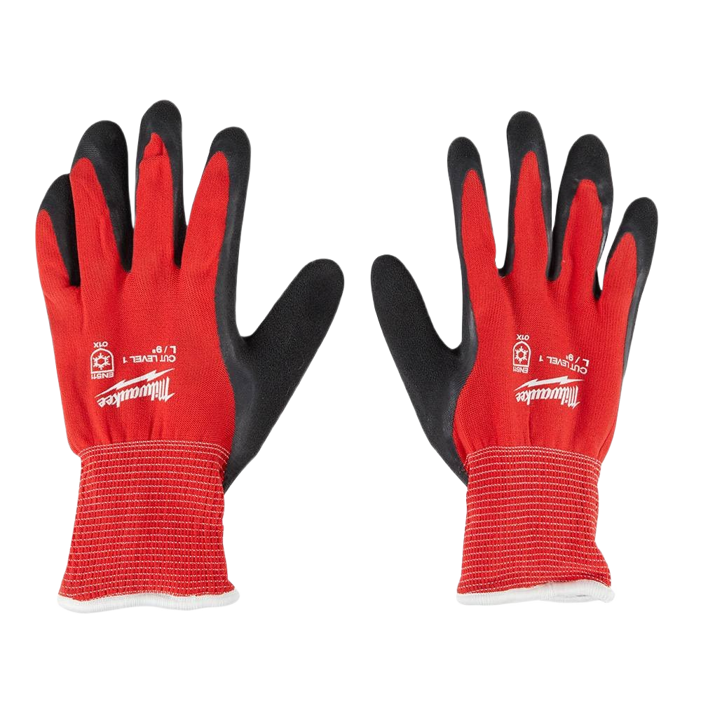 Pair of red and black insulated gloves with cut level 1 protection for safety and hardware work tasks in cold weather