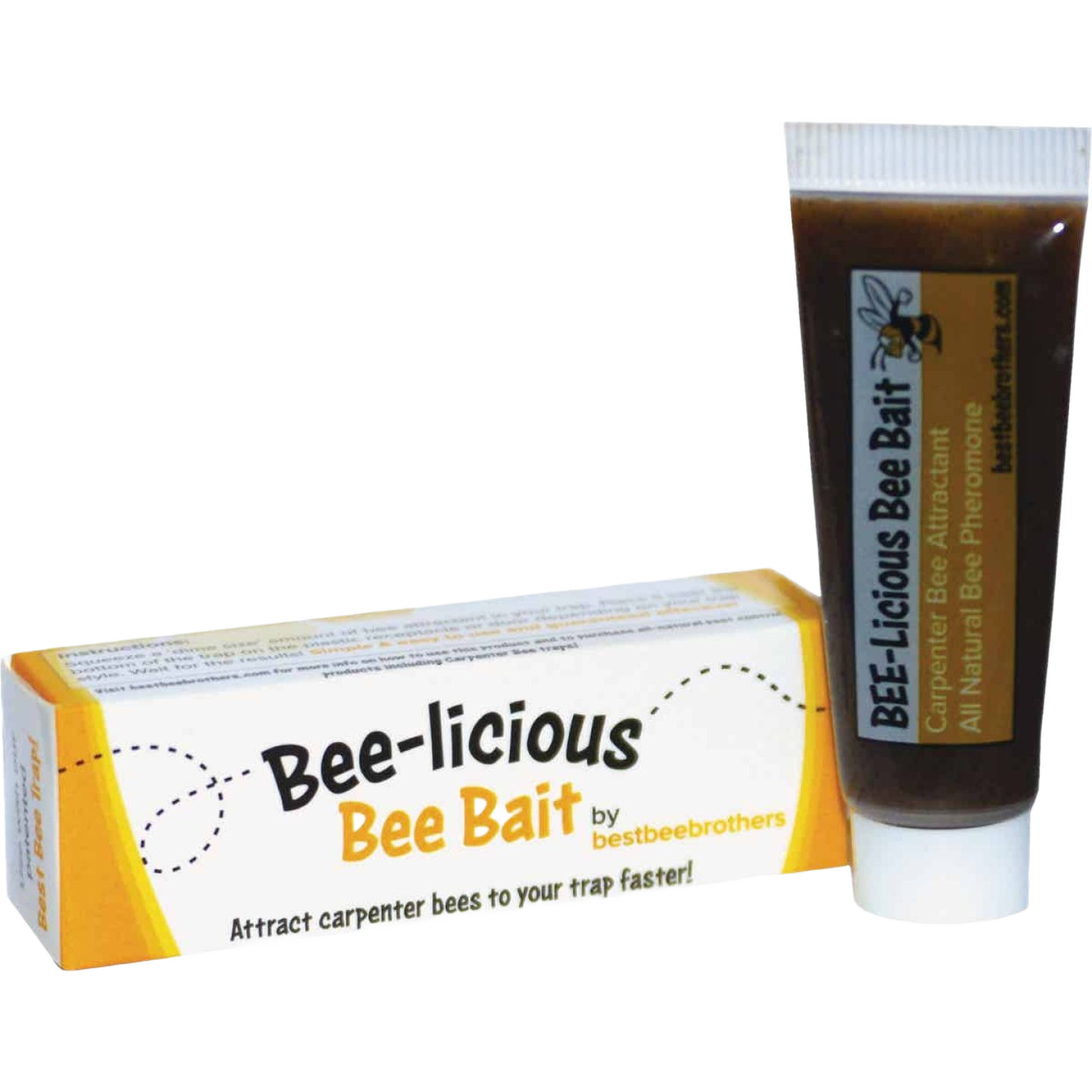 Tube of all-natural carpenter bee bait with yellow and white box, for outdoor insect and pest control use