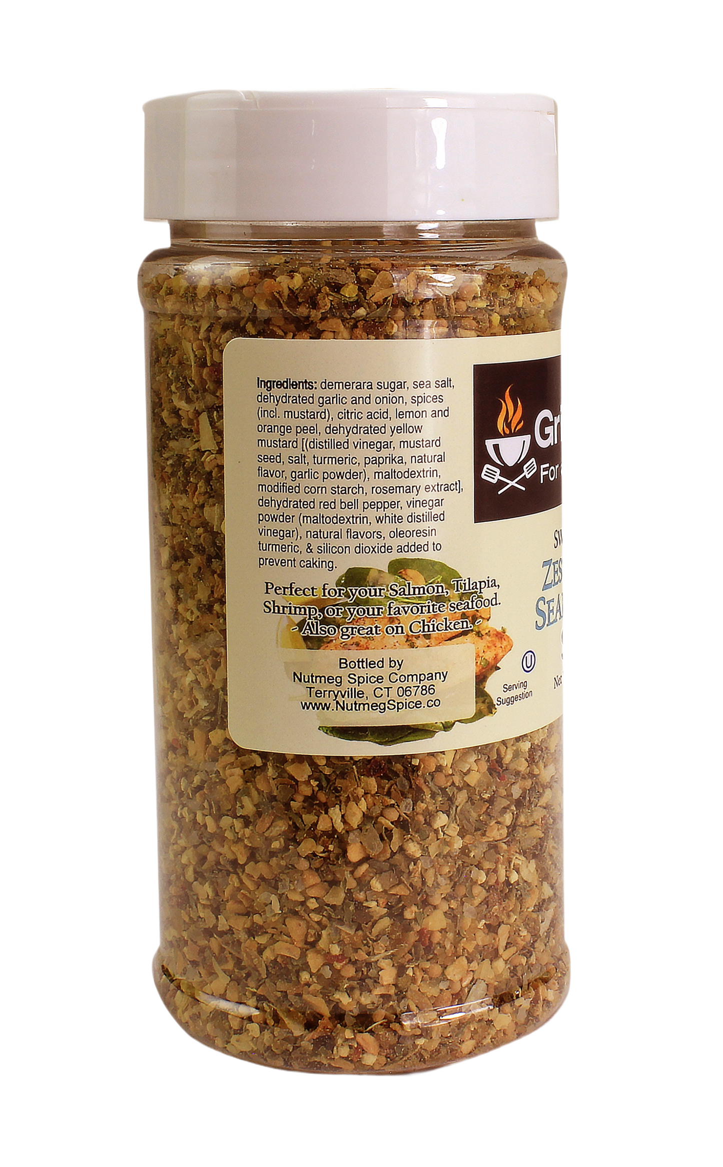 Clear plastic jar of sweet and spicy zesty citrus rub for seafood and poultry in grilling sauces and spices collection
