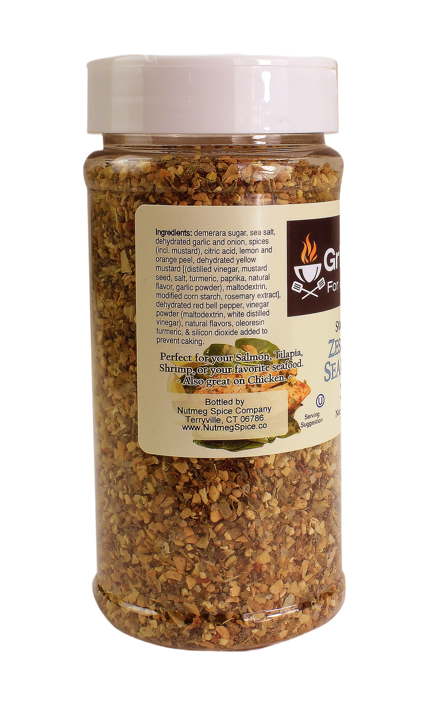 Clear plastic jar of sweet and spicy zesty citrus rub for seafood and poultry in grilling sauces and spices collection