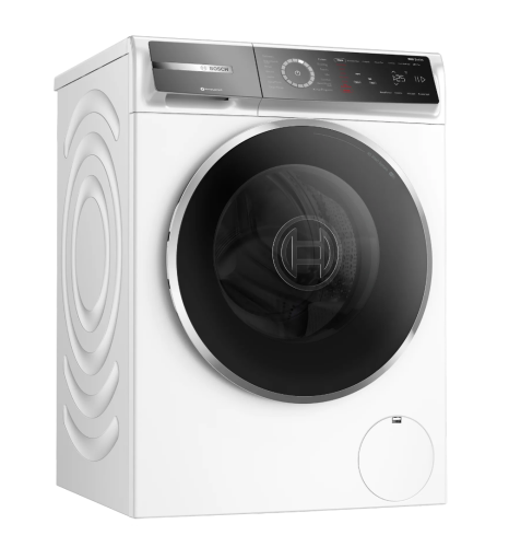 White Bosch compact front load washer with large black door and digital control panel in Washers and Appliances collections