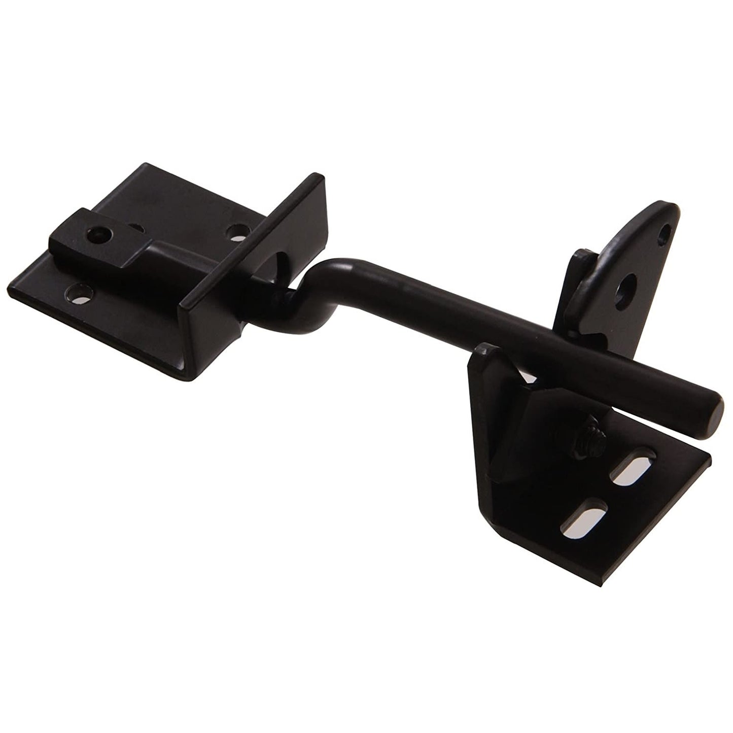 Black metal automatic gate latch with mounting brackets, designed for outdoor hardware and home improvement projects