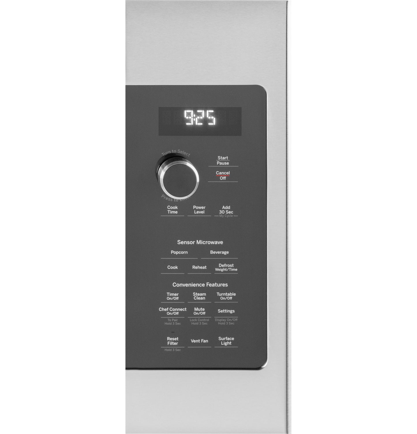 Close-up of stainless steel control panel with digital clock and knobs on over-the-range microwave from Kitchen & Kitchenware collection