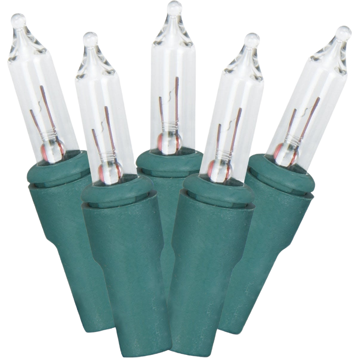 Five mini incandescent bulbs with green bases designed for decorative lighting and home improvement use