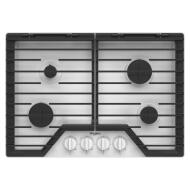 Stainless steel gas cooktop with four burners, EZ-2-Lift cast-iron grates, and four control knobs for home cooking tasks