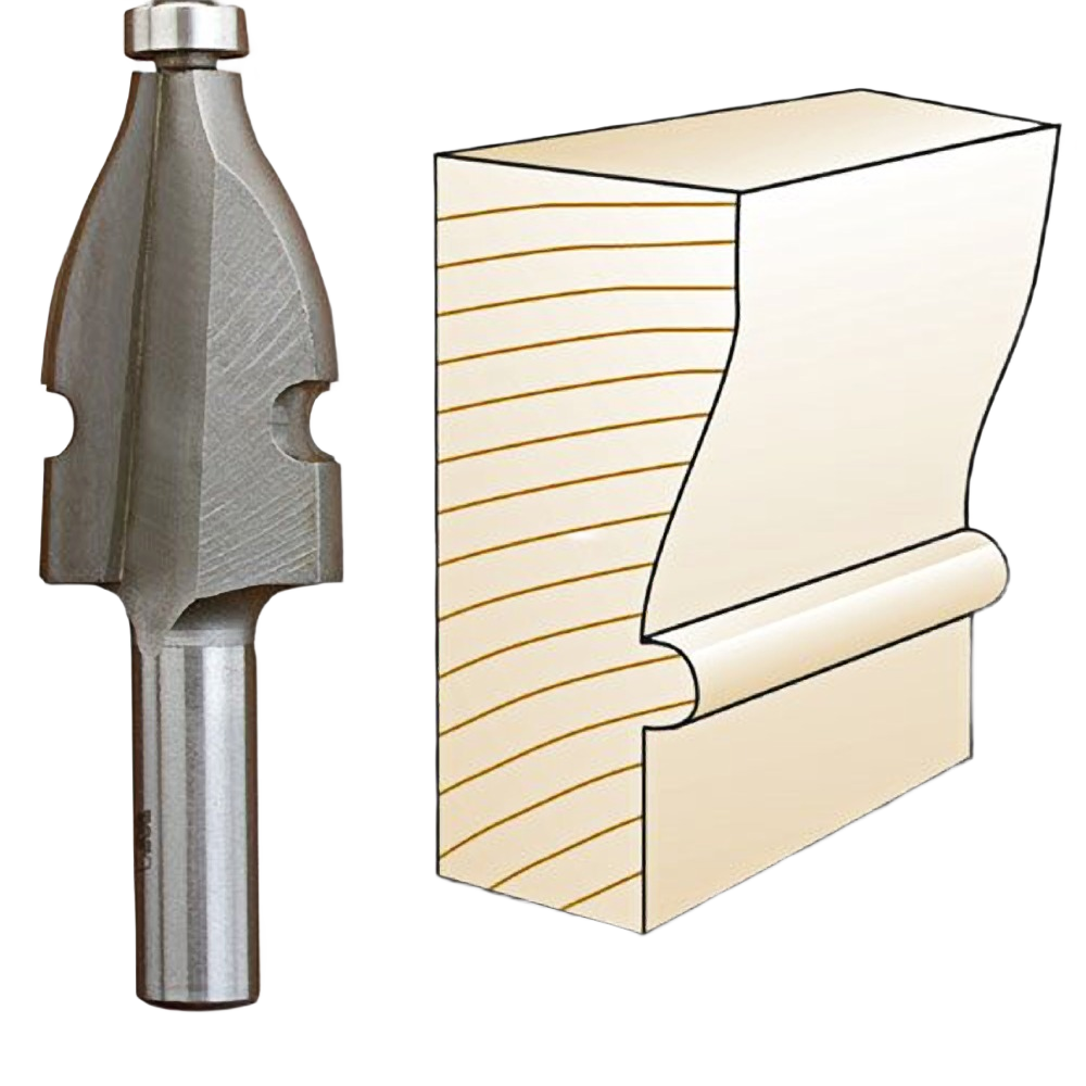 Steel handrail router bit with cutting edges and sample wood profile for woodworking in tool accessories collections