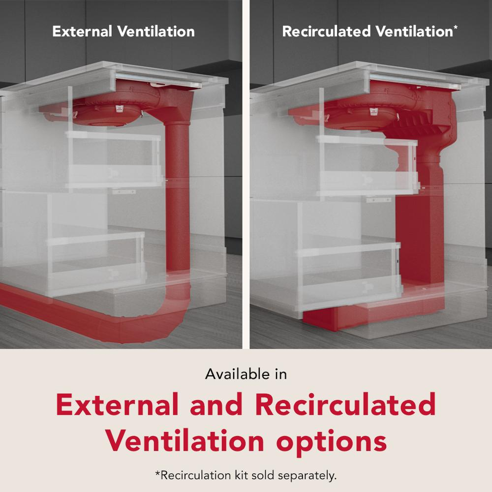 Diagram showing under-counter views of external and recirculated ventilation duct options for induction cooktops installation