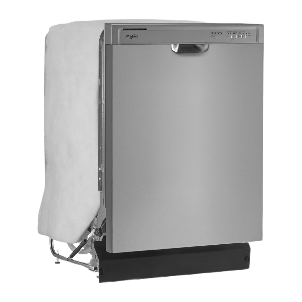 Freestanding stainless steel quiet dishwasher with top control panel, designed for modern kitchen appliances.