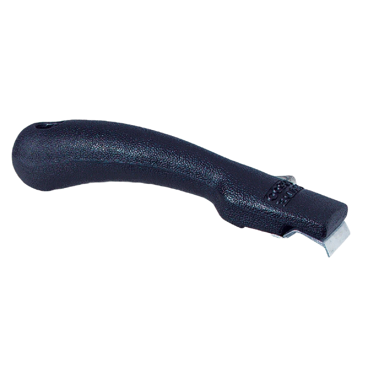 Black pull scraper with curved textured handle and small 2-edge blade for detailed home improvement tasks