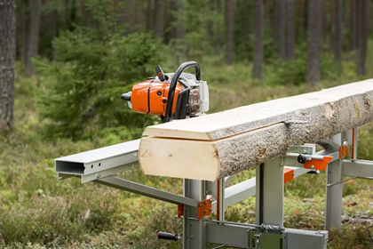 Orange chainsaw mounted on a portable sawmill cutting a large log outdoors in a forest setting for home improvement tasks