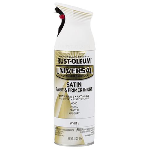 Rust-Oleum satin white spray paint and primer in one, designed for wood, metal, plastic, and masonry in Paint & Supplies collection