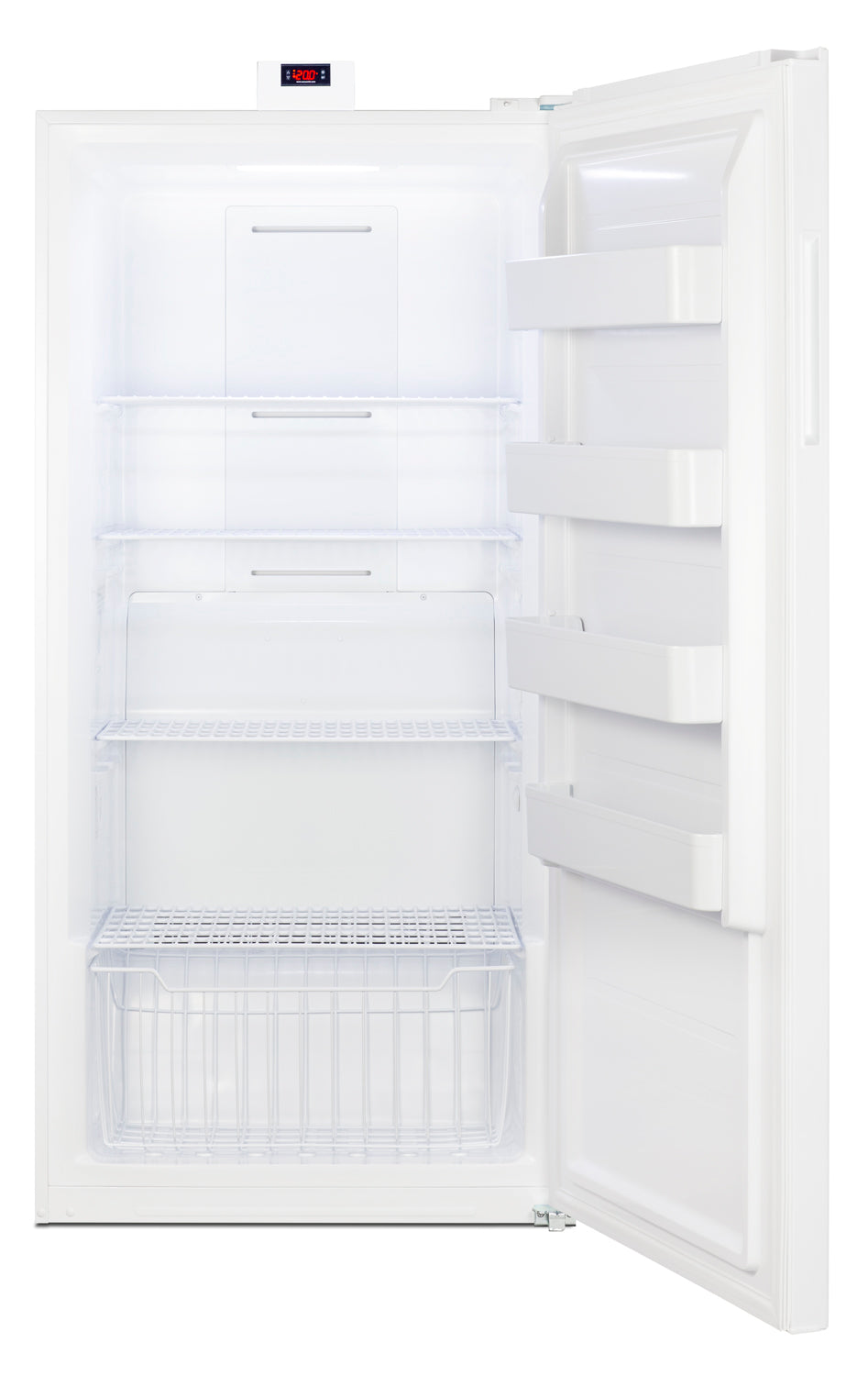 Open upright freezer with multiple wire shelves and clear drawer in white kitchen appliance design
