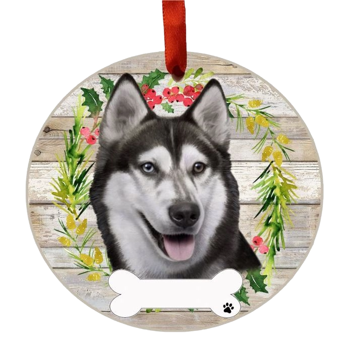 Round Christmas tree ornament featuring a Siberian Husky face within a festive floral wreath and wood background