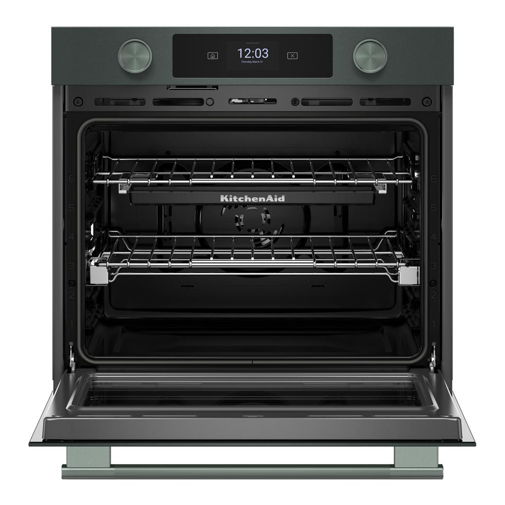 Open juniper smart electric wall oven with LED display, dual racks, and stainless steel interior from KitchenAid Appliances collection