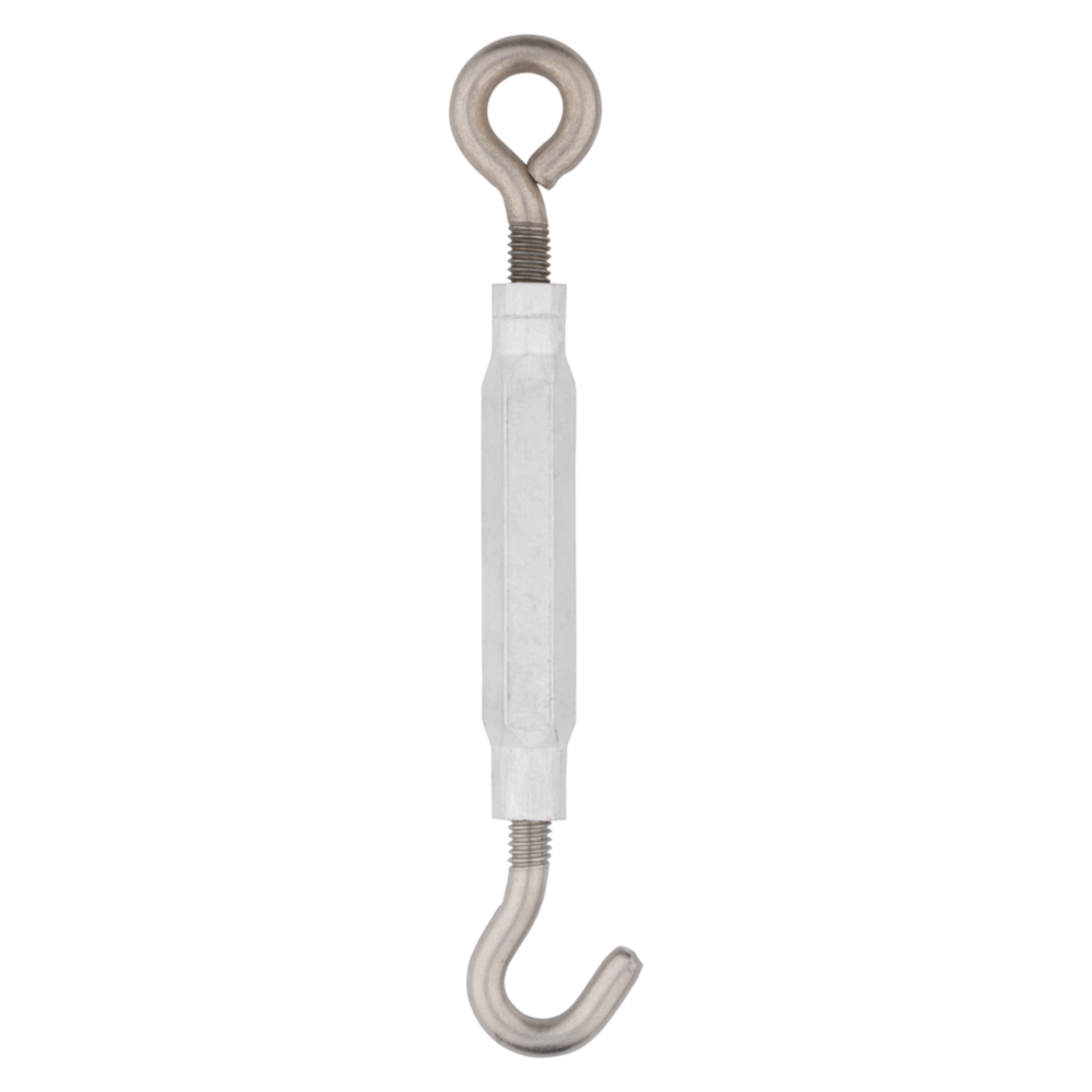 Stainless steel hook and eye turnbuckle for adjustable tension in tools and home improvement applications