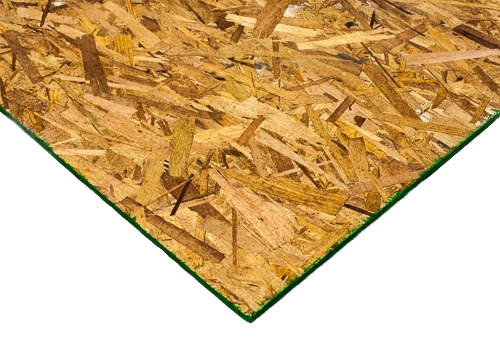 Close-up of a 7/16-inch thick OSB sheathing panel with layered wood strands for construction use