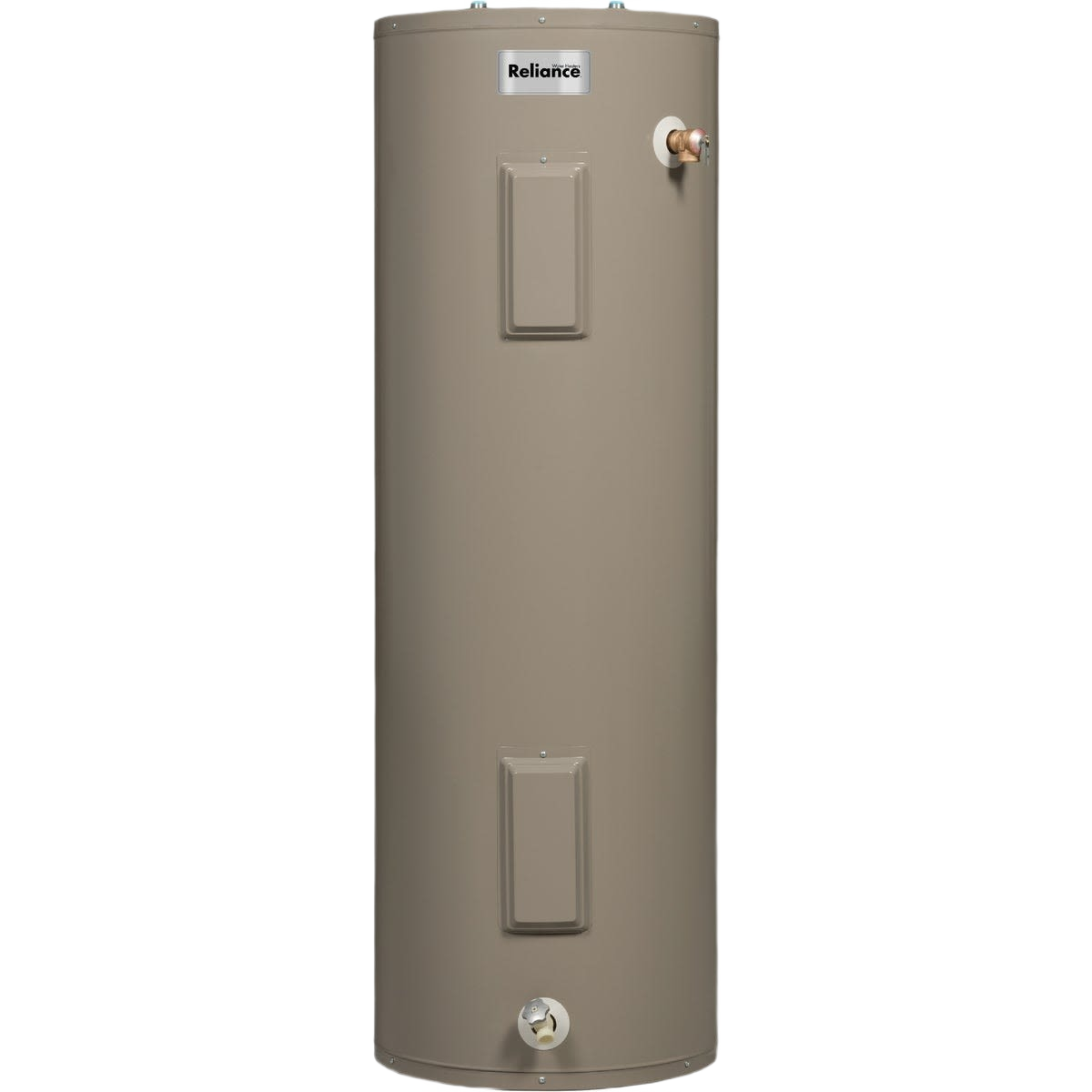 Tall beige electric water heater tank with Reliance label for home improvement and plumbing installation use