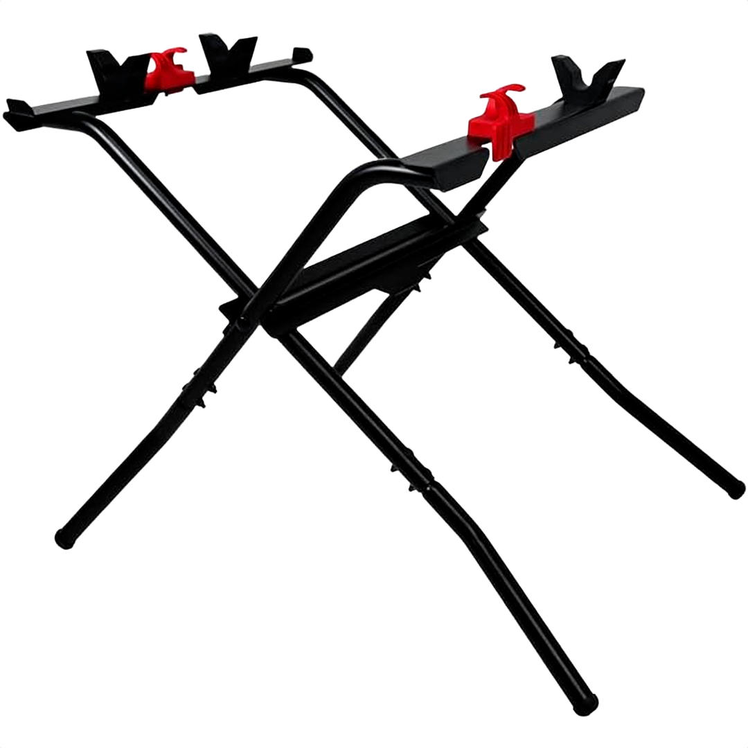 Black folding stand with red clamps designed for compact table saws in woodworking and power tools collections