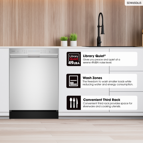 Modern stainless steel dishwasher integrated into white kitchen cabinetry with wood backsplash and black faucet from dishwashers collection