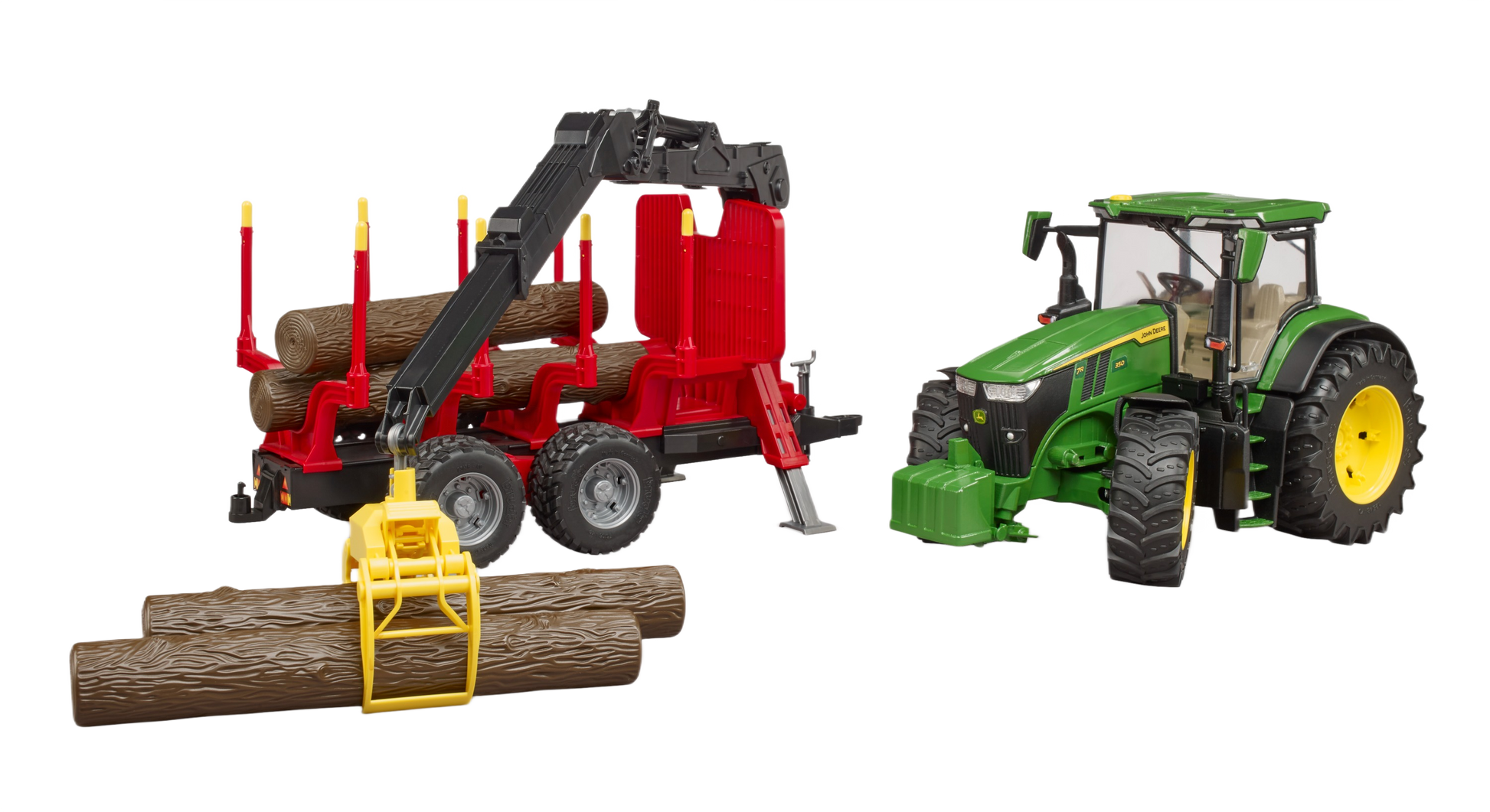 Green and yellow toy tractor with a red forestry trailer lifting a wooden log for home improvement play