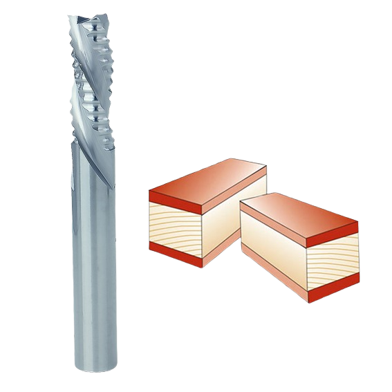 Spiral downcut router bit with roughing teeth next to two wooden blocks for woodworking tool accessories.