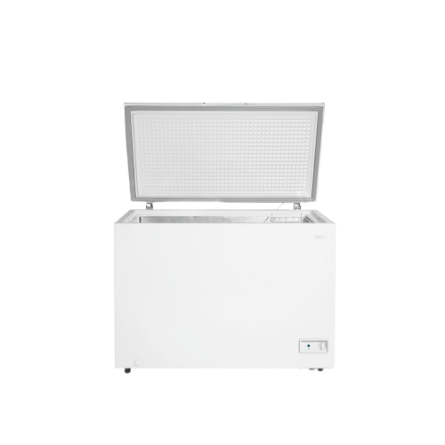 white chest freezer with open lid showing temperature control and power indicator light for kitchen appliances