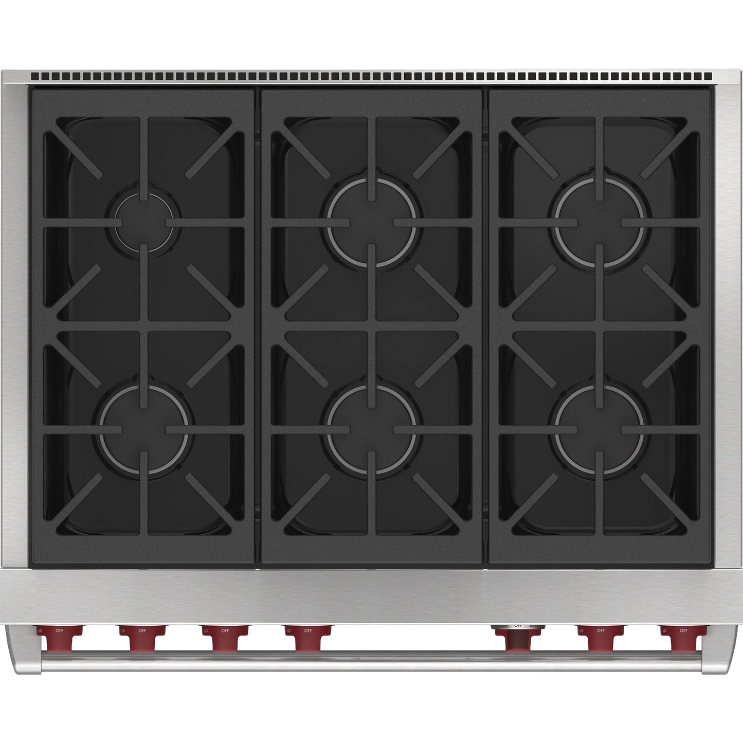 Stainless steel six-burner gas cooktop with black grates and red control knobs from kitchen appliances collection